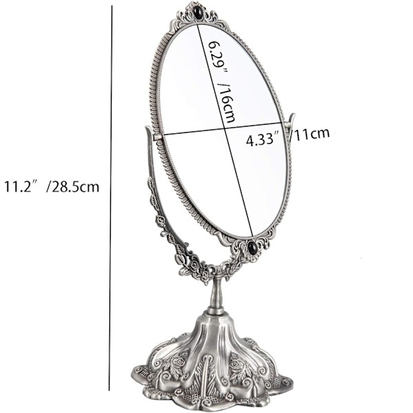 Vintage sminke speil ovalt blomsterbord speil dobbeltsidig roterende forfengelighetsspeil med stativ for toalettbord soverom (liten) Pewter