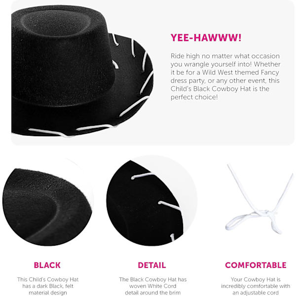 Svart cowboyhatt for barn - Cowboy og cowgirl hatt tilbehør - Perfekt for Wild West og cowboy-temafester, World Book Day eller andre fancy dr Black Pack of 1