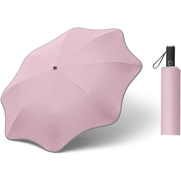 Pyöreäkulmainen, pistämätön aurinko- ja sadevivarjo heijastavalla nauhalla, kevyt, anti-ultravioletti, täysi lasikuituinen runko, 8 ripaa miehille ja naisille Pink
