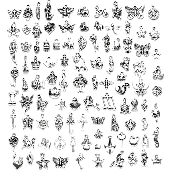 Charms Vedhæng til Smykkefremstilling, 100 stk. Blandede Retro Sølv Metal Charms til Armbånd Halskæde Armbånd Øreringe DIY Smykkefremstilling Tilbehør
