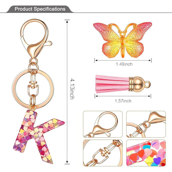 Nyckelringar i form av initialer för kvinnor, tofs, fjäril, rosa, lila, söt bilnyckelring för plånböcker, handväskor, ryggsäckar, A-Z Pink K