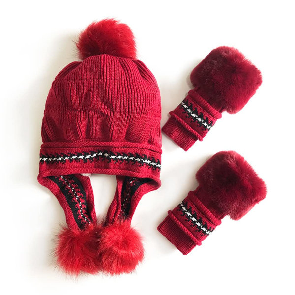 Set för kvinnor Fluffig cap Stickad mössa utomhus plyschfoder rysk hatt Pompom öronlapp med handskar, röd