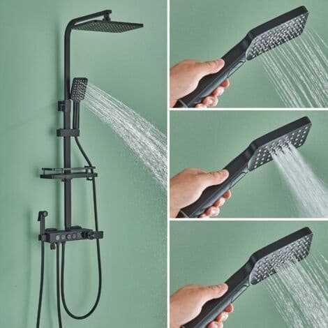 Black Thermostatic Shower Column with 40°C Mixer, with 4 Functions, Height Adjustable, for Bathroom