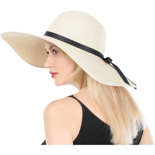 Damebred Strawhat med Bred Skygge, Foldbar, Rulbar, Strandhat, Solhat, UPF 50+ Style Lbeige