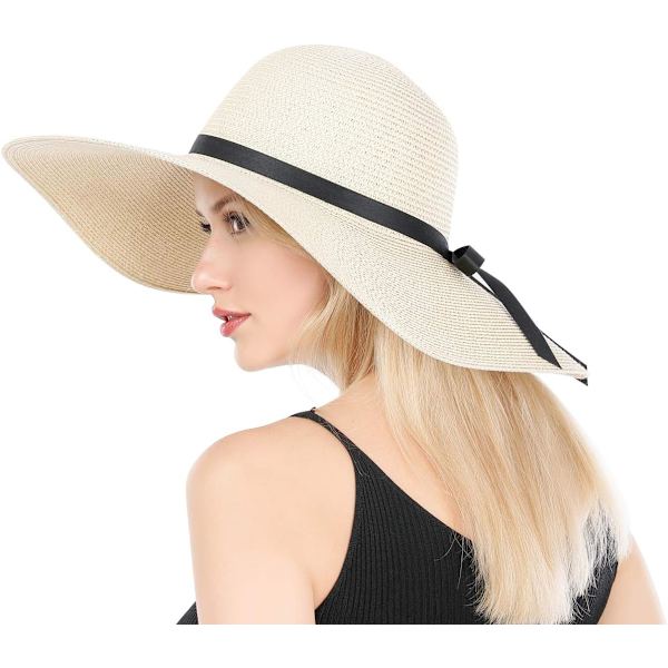 Damhatt i Halm med Bred Brätte, Vikbar, Rullbar, Strandhatt, Solhatt, UPF 50+ Style Lbeige