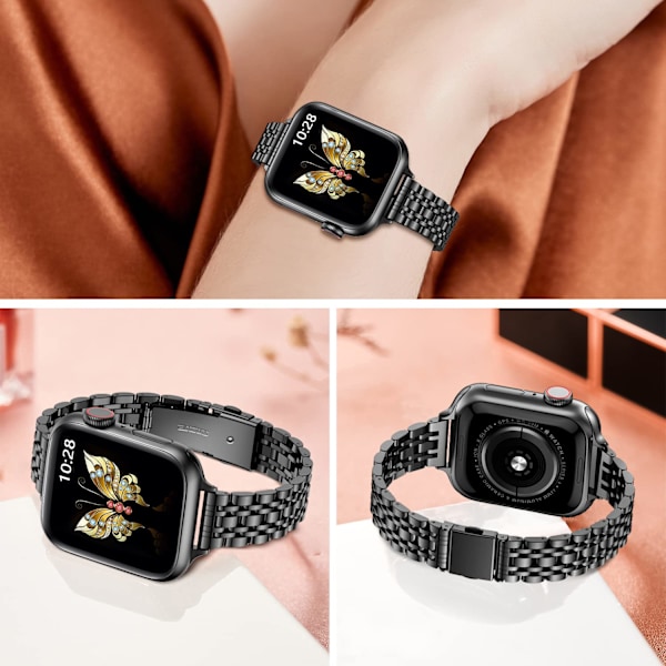 Ultratyndt metalarmbånd kompatibelt med Apple Watch-rem 49 mm 46 mm 45 mm 44 mm 42 mm (Series 3/2/1), elegant rem i rustfrit stål, (sort) 42/44/45/49mm