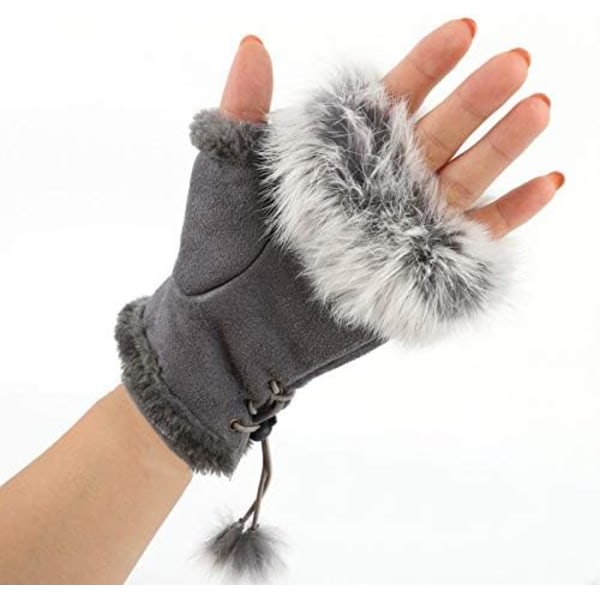Vinterhandskar för kvinnor i konstläder med halva fingrar - Modevarma fingerlösa vantar med fleecefoder, varmare handledshandskar, pekskärm, tjock Light Grey