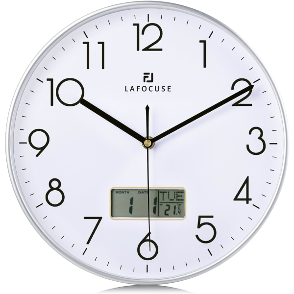 Tyst väggklocka för kök med datum och dagtemperatur, silver väggklockor för vardagsrum modernt sovrum, LCD-display kvarts digital väggklocka B