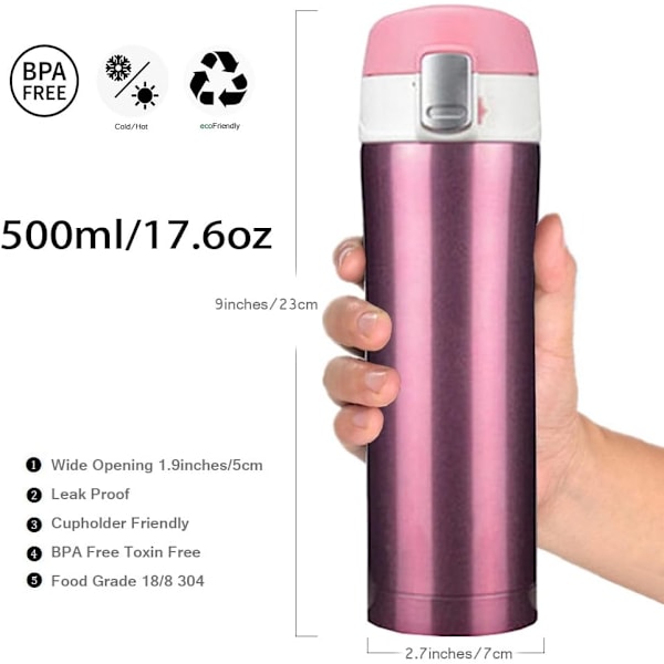 Dubbelväggig Vakuumflaska Thermo, 500ml Rostfritt Stål Isolerad Vattenflaska, Flask för Varma och Kalla Drycker, Resekopp, Sportvattenflaska Pink