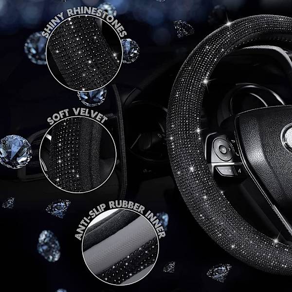 Kristallrattöverdrag, universellt Diamante rattöverdrag i sammet, halkfritt bilhandgjort rattöverdrag, mjukt Black