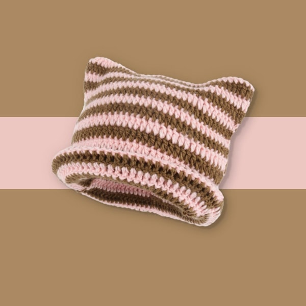 Dam Cat Beanie Stickade Hattar Med Öron Stickade Randiga Vinter Varma Slouchy Elastisk Mössa För Flickor Vuxna Barn Pink brown One size