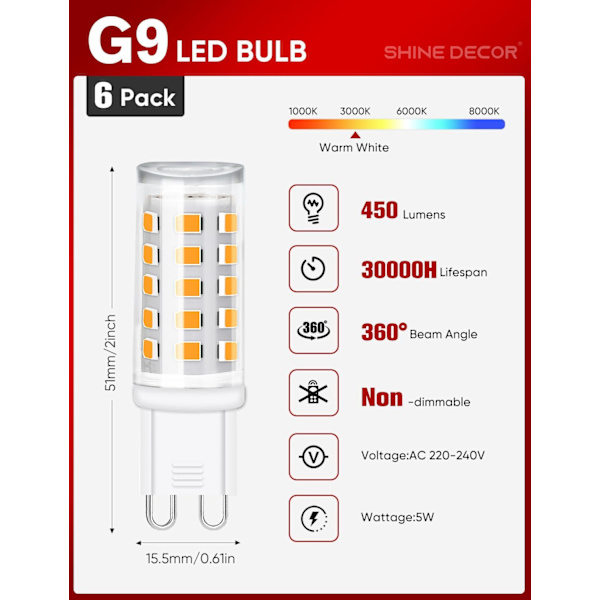 G9 LED-pære, 5W varm hvit 3000K 450LM, tilsvarende 50W halogen, energisparende LED-pærer for taklamper, 6-pakning Model 2 Warm White