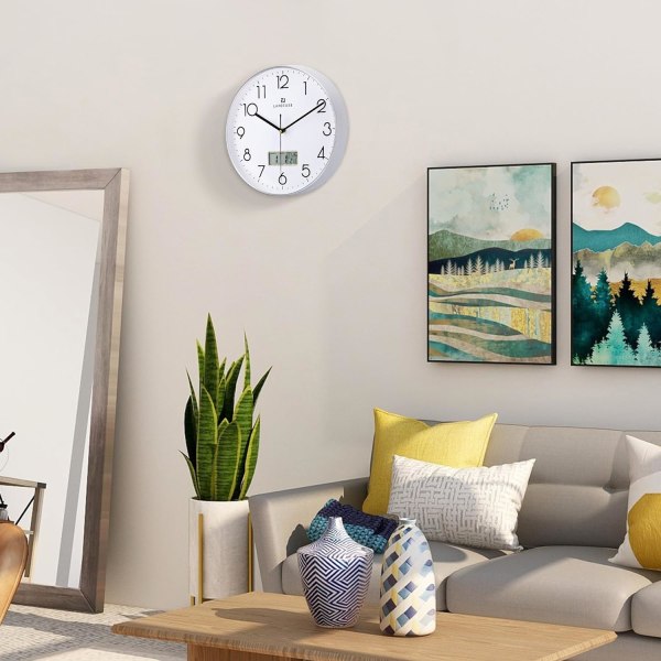 Tyst väggklocka för kök med datum och dagtemperatur, silver väggklockor för vardagsrum modernt sovrum, LCD-display kvarts digital väggklocka B