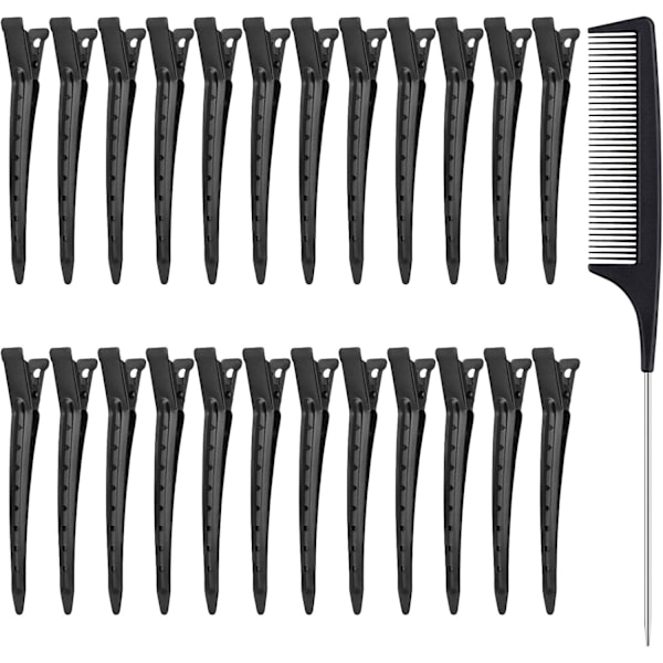 24 stk Hårseksjonering Klips med Styling Kam, 3,5 Tommer Andebeak Hårklips Metall Krokodille Hårstyling Krøllklips Black
