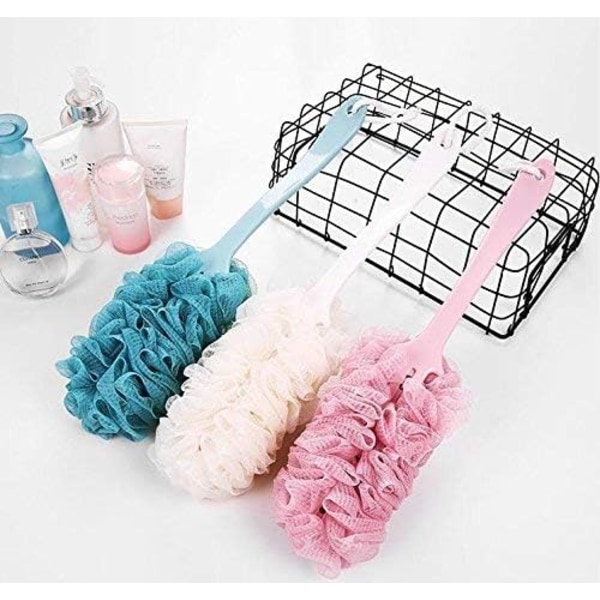 Long Handle Bath Brush Back Scrubber Shower Body Brushes Sponge Hanging Soft Mesh (Pink)