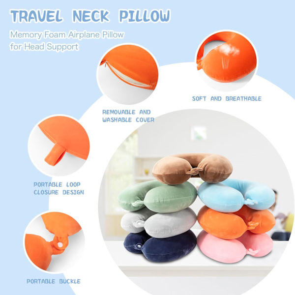 Rejsepude Nakkepude Memory Foam Rejsepuder Hovedstøttepude til Flyrejse Tog Bil Kontor Rejse Essentials Flyvepuder til en Lo Orange One Size