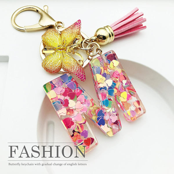 Nyckelringar i form av initialer för kvinnor Tassel Butterfly Pink Purple Cute Car Keyring för plånbok Handväskor Ryggsäck A-Z Pink M