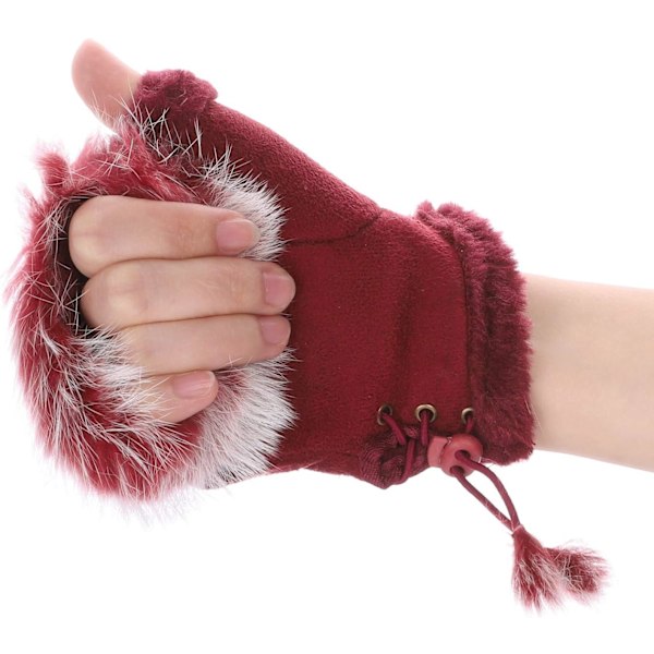 Vinterhandskar för kvinnor i konstläder med halva fingrar - Modevarma fingerlösa vantar med fleecefoder, varmare handledshandskar, pekskärm, tjock Bordeaux-red