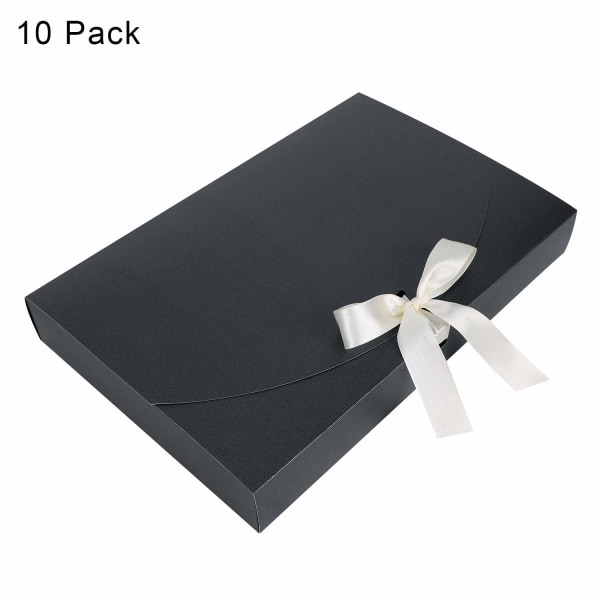10 st presentförpackning, presentförpackning i rektangulär kartong 26 * 17,5 * 3 cm med lock & dekorativt satinband, presentförpackningar med struktur, svart