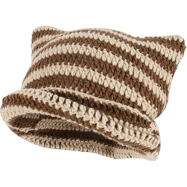 Dam Cat Beanie Stickade Hattar Med Öron Stickade Randiga Vinter Varma Slouchy Elastisk Mössa För Flickor Vuxna Barn Brown khaki One size