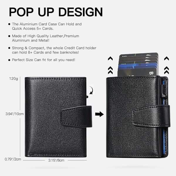 Kredittkortholder RFID-blokkering Minimalistisk Trifold Herre Lommebøker Automatisk Pop Up Metallveske med ID-vinduer og glidelåslomme Black With Blue