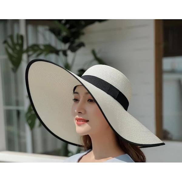 Kvinner sammenleggbar floppy bredbremmet stråsolhatt sommer strandhatt UV UPF 50+ 03Style White