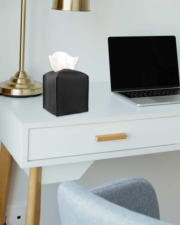 Leather Square Tissue Box Cover – with Bottom Belt Modern PU Leather Cube Tissue Box Holder