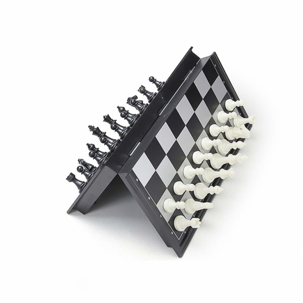 Set Magnetiskt fällbart schackbräde, svarta och vita pjäser, bekväm förvaring, pedagogiska leksaker/present för barn och vuxna (25x25 cm)