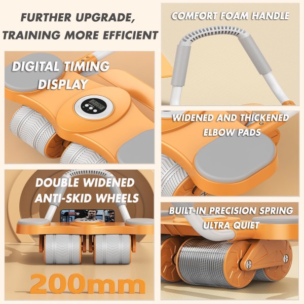 Abs Roller Wheel with Timer, Abdominal Exercise Roller Elbow Support core Exercise Equipment, Automatic Rebound Abdominal Wheel with Knee Mat for F Orange