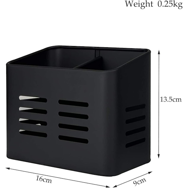 Osastoitu metalliaterimlaatikko, aterimien valutusastia 9 x 16 x 13,5 cm, pystysuora työkalujärjestäjä keittiön työtasolle ja pöydälle (musta)