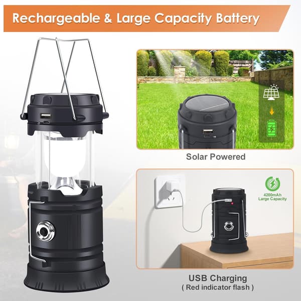 Solcelle-campinglampe, sammenleggbar LED, USB-C oppladbar, svart