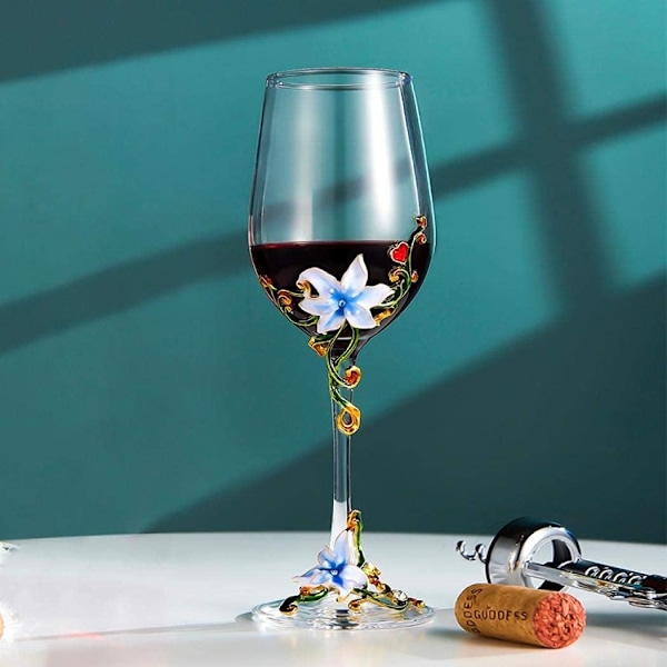 Håndmalede emaljerede blomster blyfri vinglas, 320 ml/10,8 OZ røde/hvide krystalvinglas (blå kop lilje) Blue Cup Lily