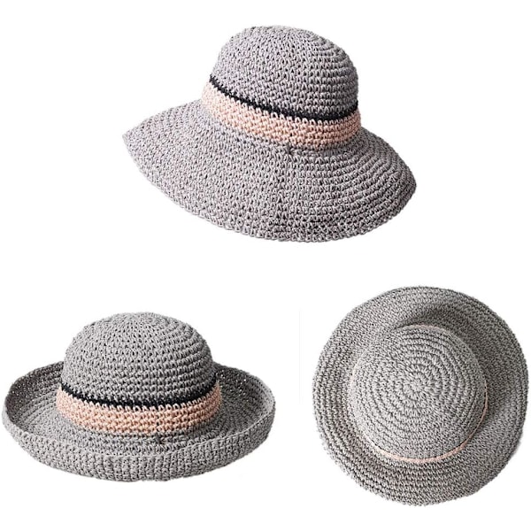 Solhatt Floppy Halmhatt Bred Brätte Fällbar UV-skydd Hink Sommar Strandhatt för Flickor Kvinnor Grey One Size