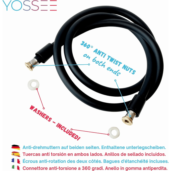 PVC glatt dusjslange 1,5 m / 59 tommer med anti-vri anti-vri messingforbindelser - Universal erstatning, fleksibel, knute- og lekkasjesikker (svart) Black