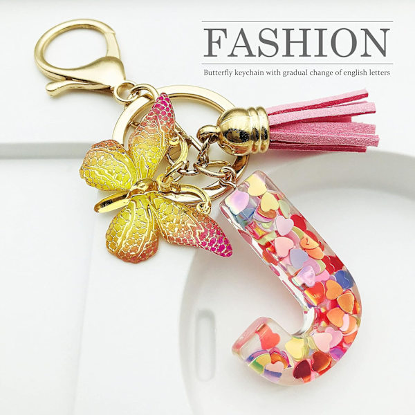 Nyckelringar i form av initialer för kvinnor Tassel Butterfly Pink Purple Cute Car Keyring för plånbok Handväskor Ryggsäck A-Z Pink J
