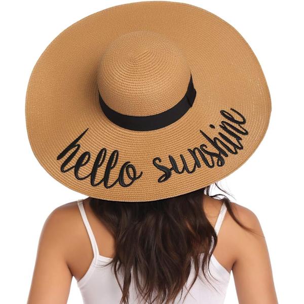 Dam bredbrättad halmhatt Floppy hopfällbar rulla upp keps strand solhatt UPF 50+ Style Fhello Sunshine Khaki