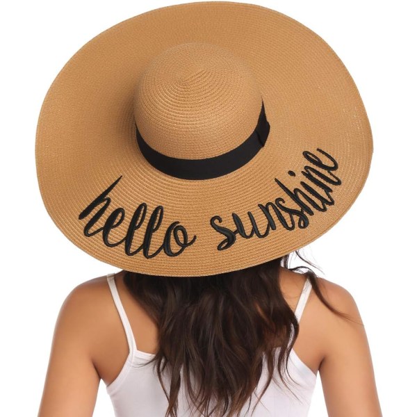 Damebred Hat med Bred Skygge af Halm, Sammenfoldelig Solhat til Stranden med UPF 50+ Style Fhello Sunshine Khaki