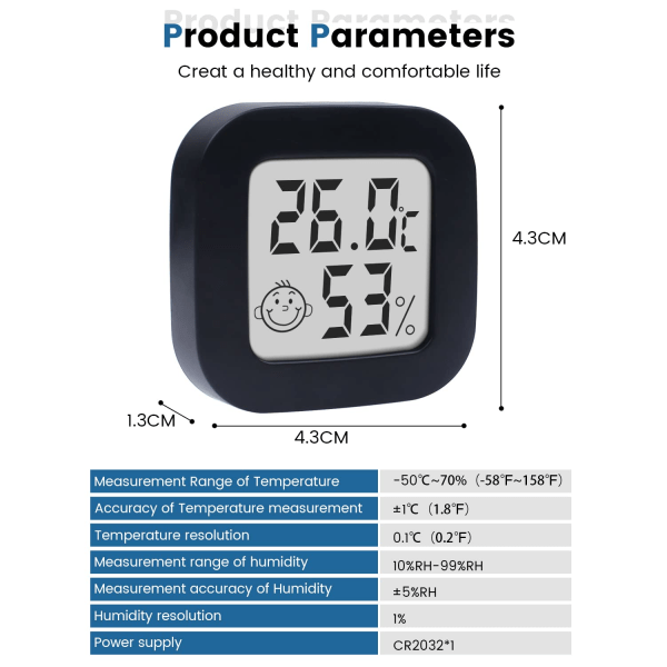 Hygrometer sisätilojen lämpömittari huonelämpömittari ja kosteusmittari lämpötilan ja kosteuden seurantaan kasvihuoneeseen, puutarhaan, kellariin (4, musta, 4,3 cm * 4 black 4.3cm*4.3cm