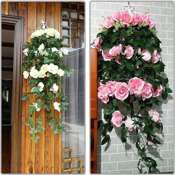 2 stk. Kunstige Rose Blomster Kunstige Hængende Kurv Plante Vinstok Falsk Silke Hængende Blomst til Have Væg Hegn Bryllup Balkon Udendørs Indendørs Hom A Purple