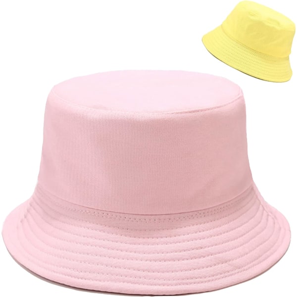 Søt Bucket Hat Beach Fisherman Hats for kvinner, reversible Double-Side-Wear Pink Yellow