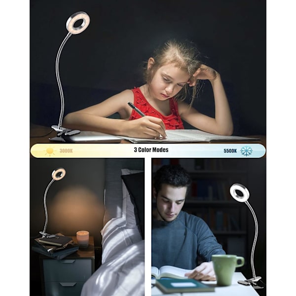 LED Læselampe, 3 Tilstande 10 Dæmpningsniveauer, Fleksibel Klemspot