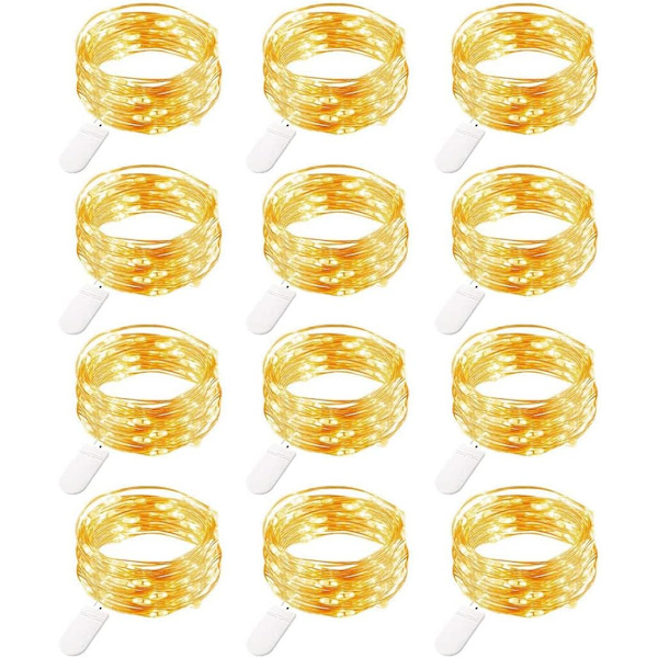 12 stk. Lysstreng, 20 LED Lys Kobbertråd Lys Batteridrevet, 2m Mikrobelysning Ildfluelampe til DIY Bryllup Fest Fødselsdag Varm vit