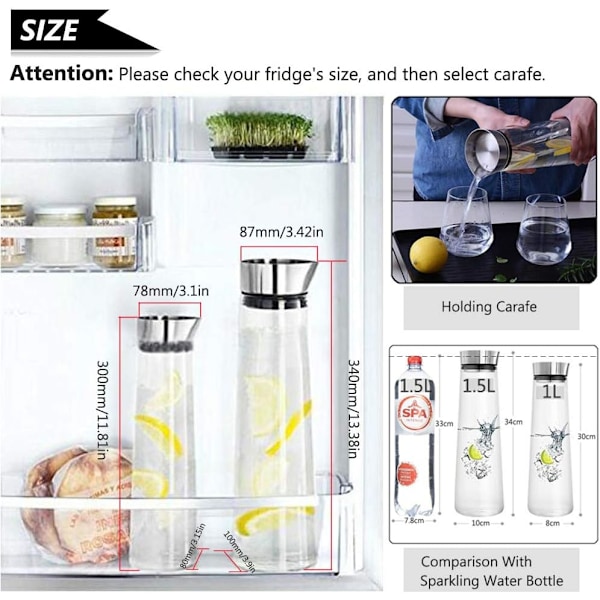 1L Glaskaraff Glas Vattenkanna Borosilikatglaskanna med Rostfritt Stål Lock för Vatten, Mjölk, Juice, Iste, Limonad och Mousserande Drycker Silver 1 l