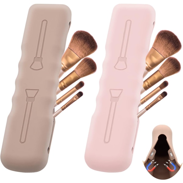 rush Svampholder,Silicon Makeup Brush Covers Bag Reise Beauty Blender Holdere Suget tørkestativ,Magnetiske Makeup Brushes Case Organizer fo Pink+Brown