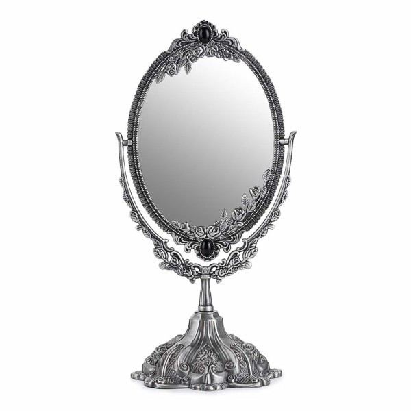 Sminkespeil Vintage speil Ovalt dobbeltsidig roterbart dressing speil Skrivebordsservant Dekorativ stående bordplate (liten, sølv)