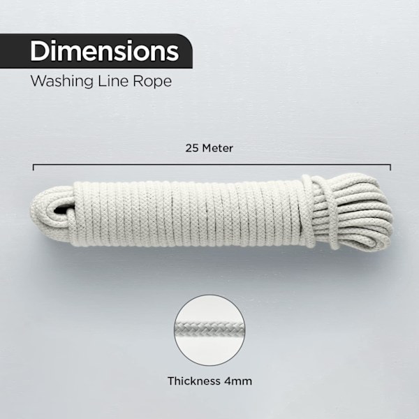 Bomullsrep Tvättlina Rep, Rotationsklädstreck, Flerfunktionell Mjuk Flätad Bomullsrep för, Trädgård, Inomhus/Utomhus|4mm (25M) White 25M