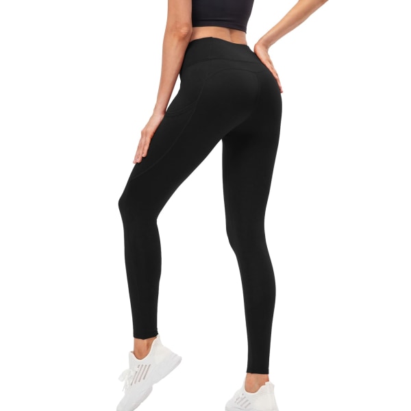 Fleeceforede termiske leggings Damer Bløde Elastiske Vinter Varme Gym Leggings til kvinder Højtaljede Mavekontrol Yogabukser med lommer, XL, sort