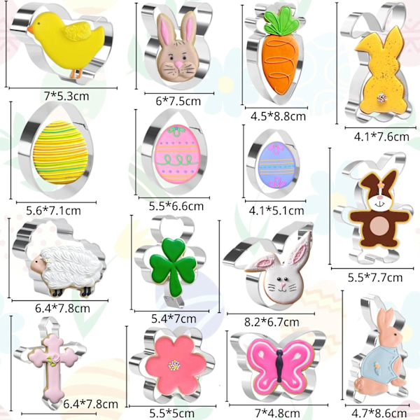 15 stycken påskkakformar för bakning - Kanin, kyckling, ägg, morot, klöver, fjäril, får, kors och blomma påskkakform Silver Easter