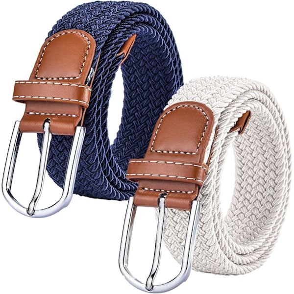 2-pack stretchiga flätade canvasbälten för kvinnor - dambälten för jeans, one size Navy & White
