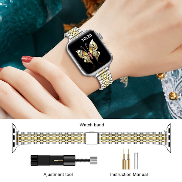 Ultratunt metallarmband kompatibelt med Apple Watch-armband 42mm (Series 10) 41mm 40mm 38mm, elegant länkarmband i rostfritt stål (Silver/Guld) 38/40/41mm